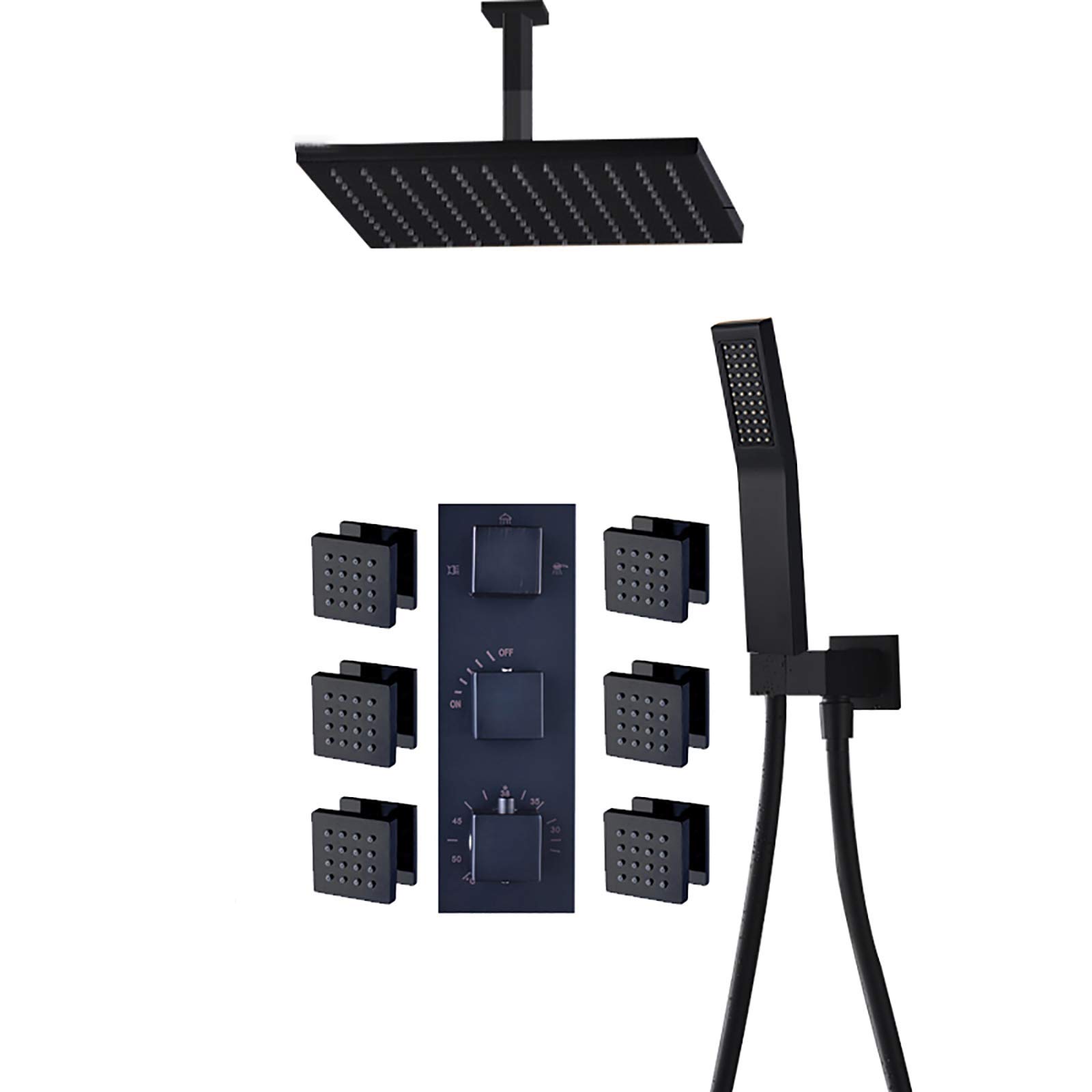 CWCQGH Matte Black Thermostatic Rain Mixer Shower Combo Set Ceiling Mounted Bathroom Shower Faucet Set with Shower Head, Handheld Shower, 6pcs Body Jets,10 Inches
