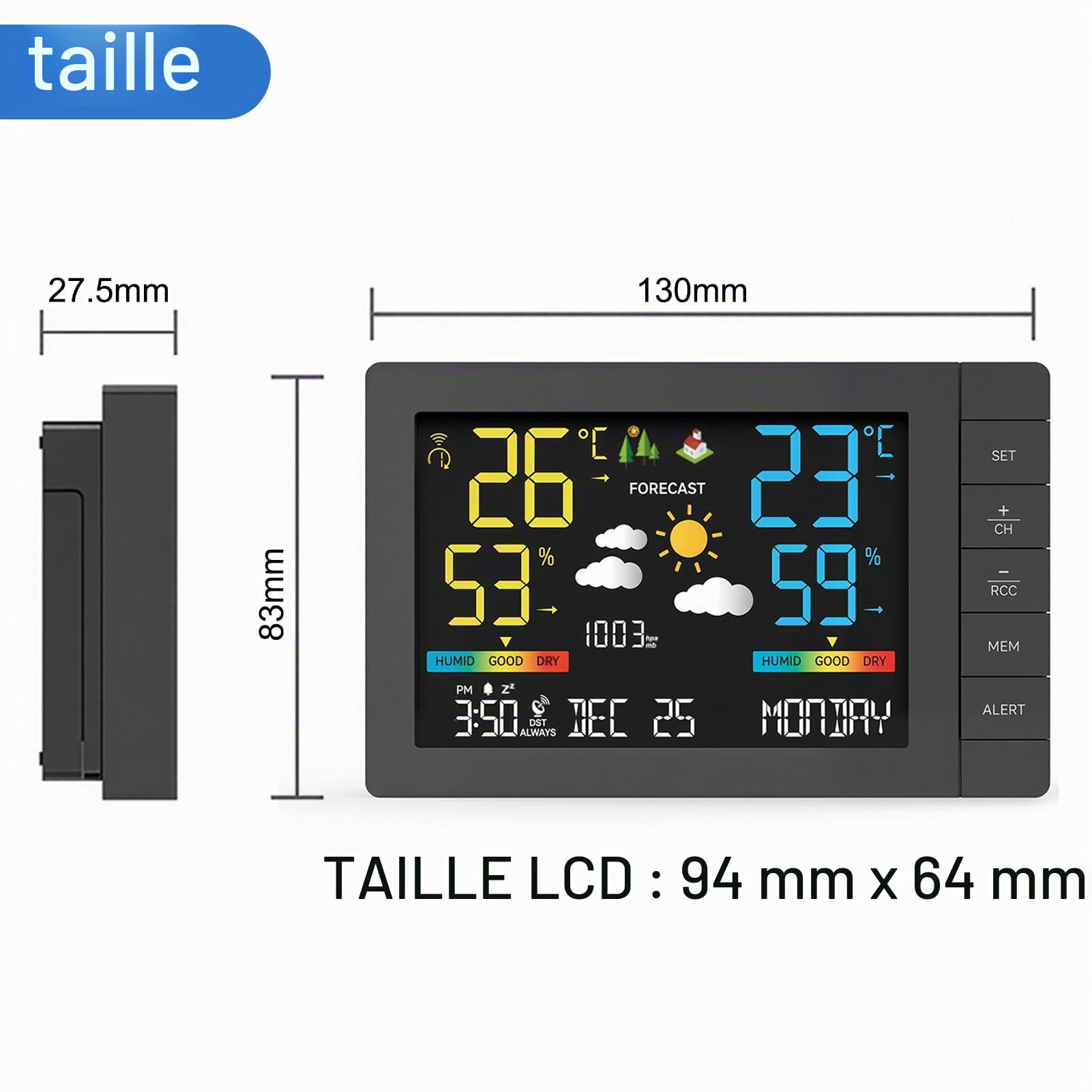 Station météo sans fil avec capteur extérieur, prévisions météorologiques, température, humidité, réveil, pression atmosphérique, distance de transmission de 100 m, station météo avec capteur
