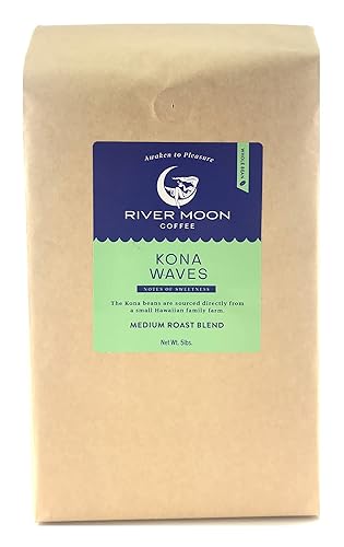 River Moon Coffee, Kona Coffee - Grano entero, tostado medio, 5 libras, mezcla de café hawaiano Kona Waves, 100% arábica, 80 onzas
