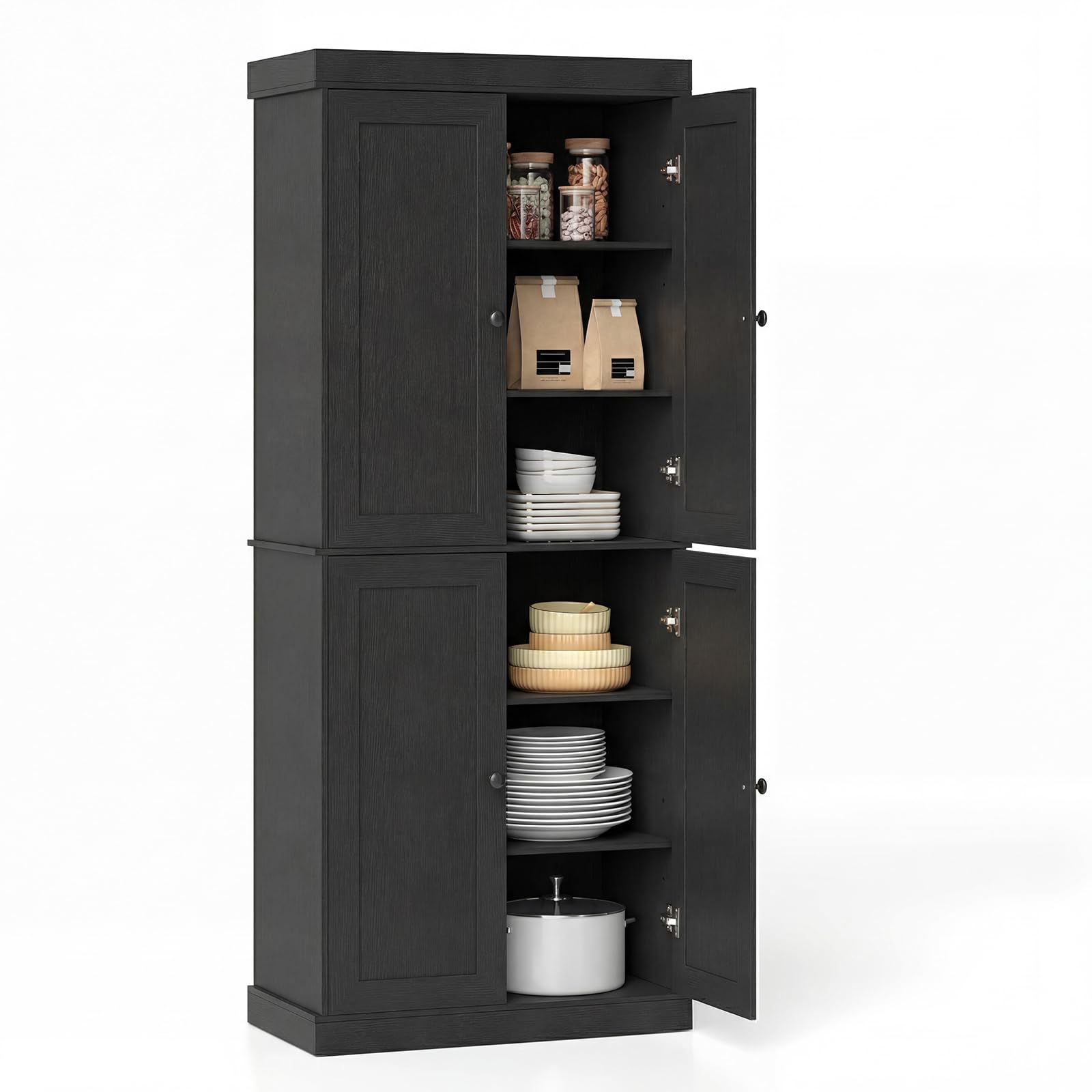 COSTWAY 6 stöckiger Küchenschrank, Hochschrank Küche mit 4 Türen & verstellbaren Regalen, Vorratsschrank freistehend, für Badezimmer, Wohnzimmer, Esszimmer, Büro, 76 x 40 x 185 cm (Schwarz)