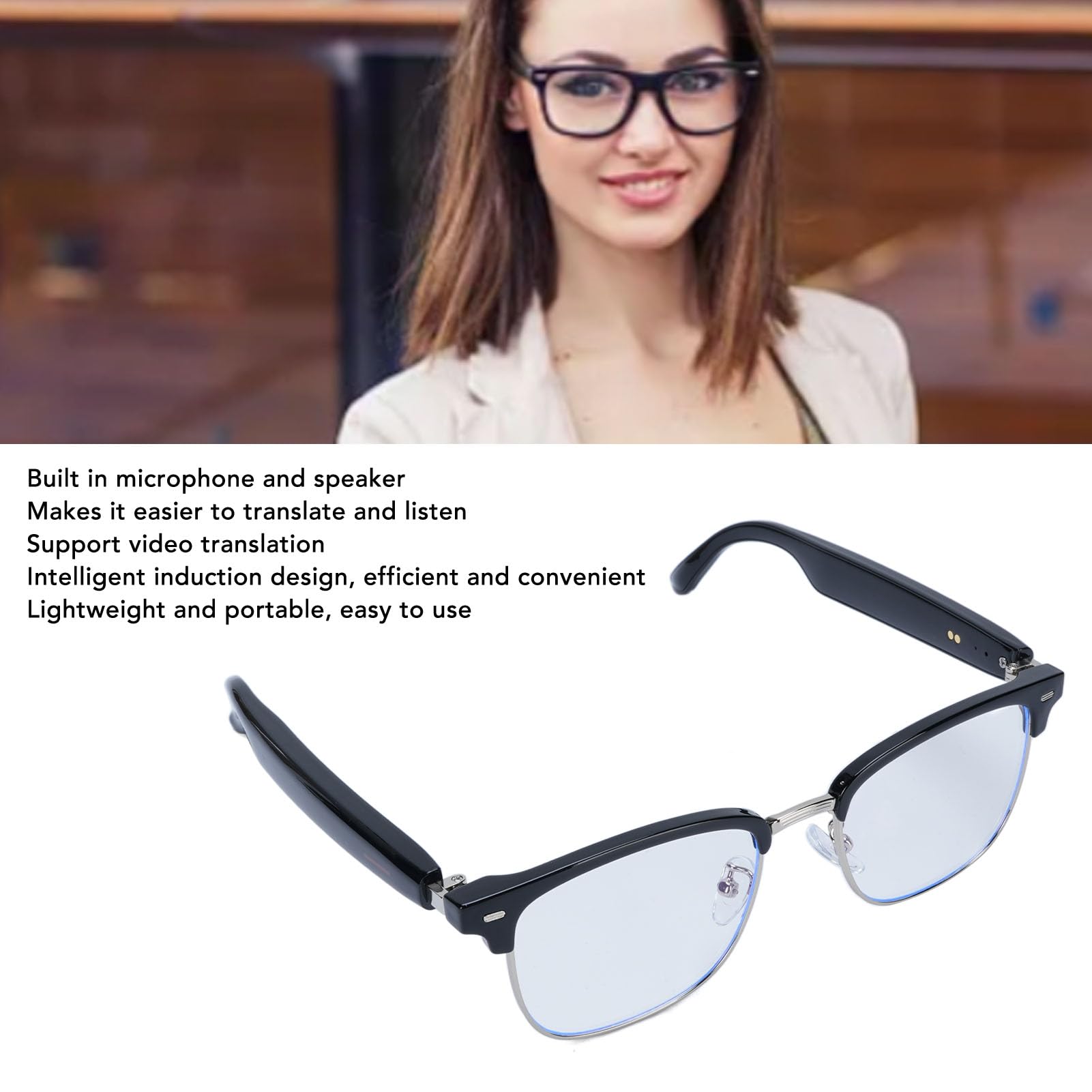 AI Smart Glasses Real Time Translation, Multi Language Video Translation Device Built in Mic Speaker, Anti Blue Light Languages Translator Glasses for Travel Learning Calling