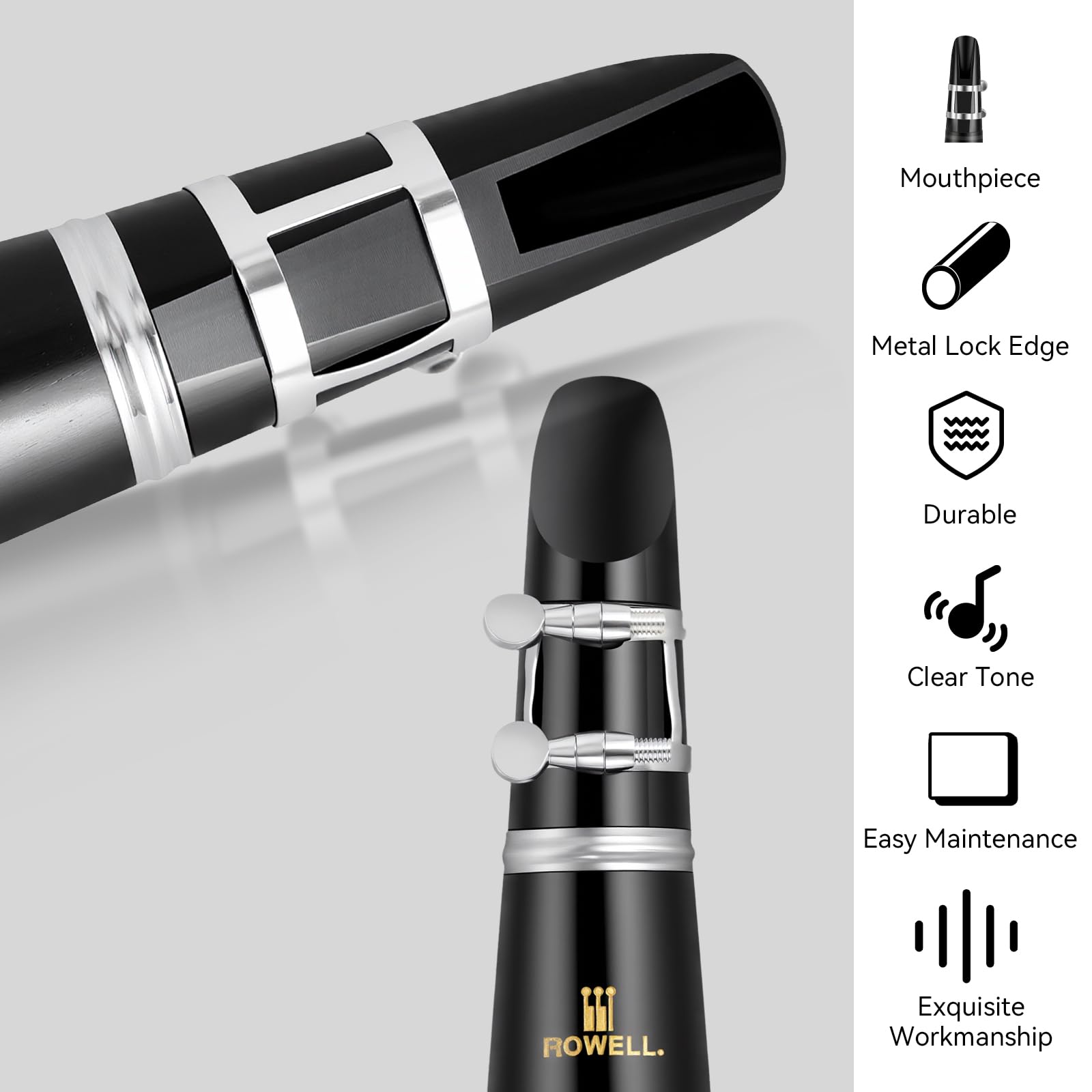 ROWELL 17 Key Bb Clarinet with African Blackwood Body & Italian Pads Professional Rich Tone for Beginner & Intermediate Students Includes Case, Mouthpiece, Reeds & Clean Kit