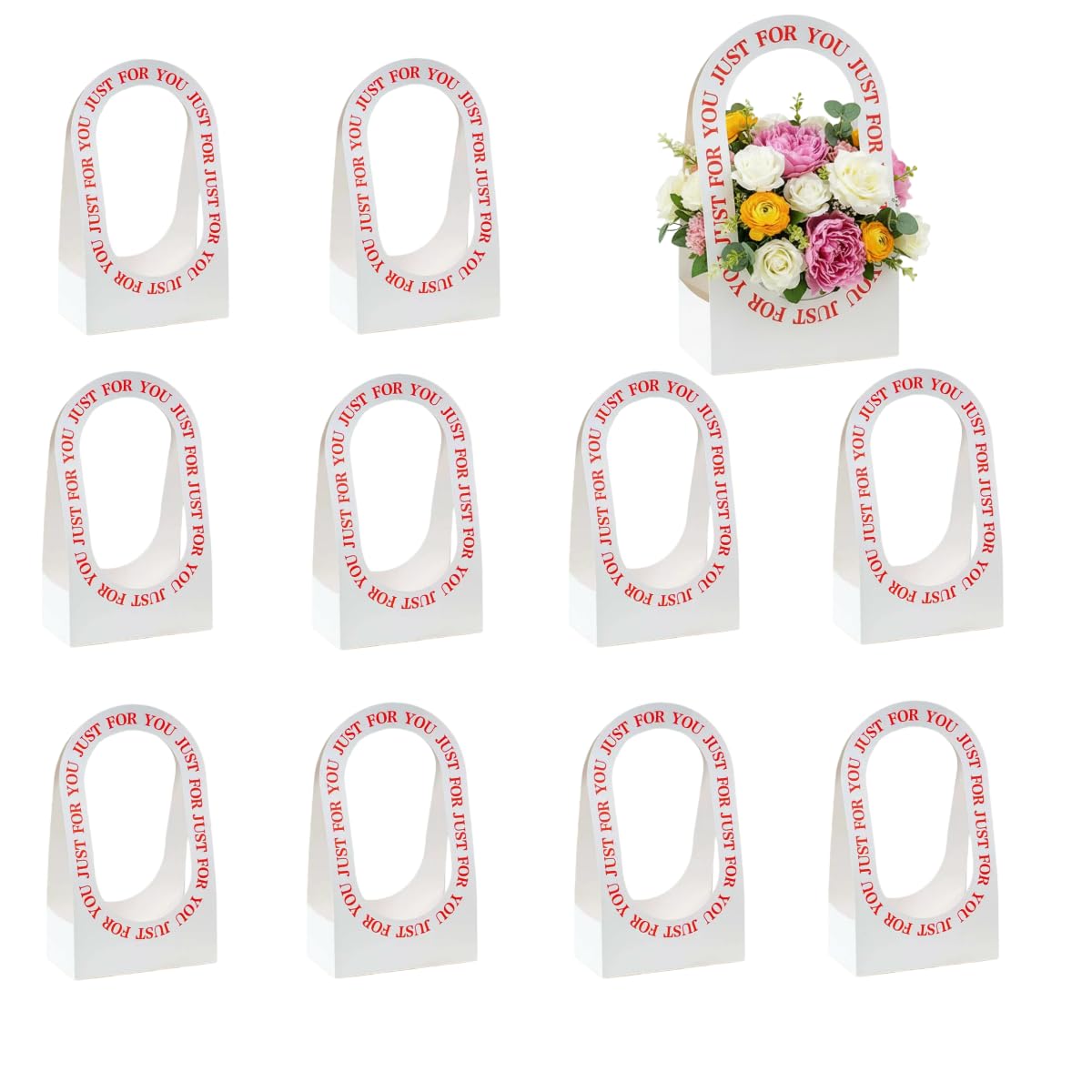 10Pcs Cardboard Flower Box with Handle Floral Gift Boxes with Handles Portable Bouquet Packaging for Florist (White)