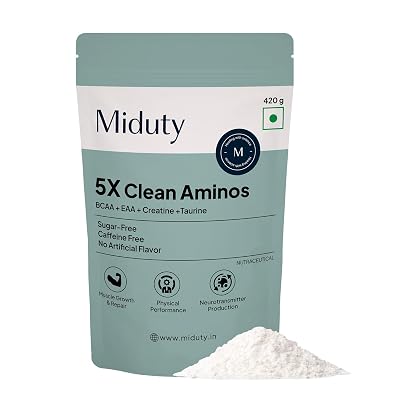 Miduty 5X Clean Aminos Powder - 5g Creatine + BCAA & EAA Blend - Electrolytes, Taurine & L-Glutamine - Natural Mango Fla
