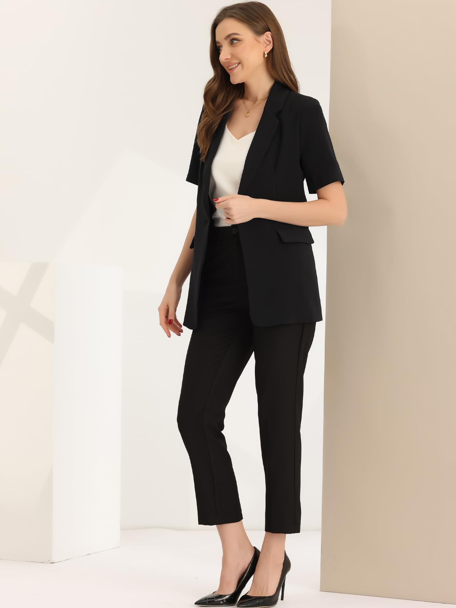 Allegra K Donna Blazer con Risvolto A Maniche Corte Abbottonato da Lavoro Aperto sul Davanti con Tasche