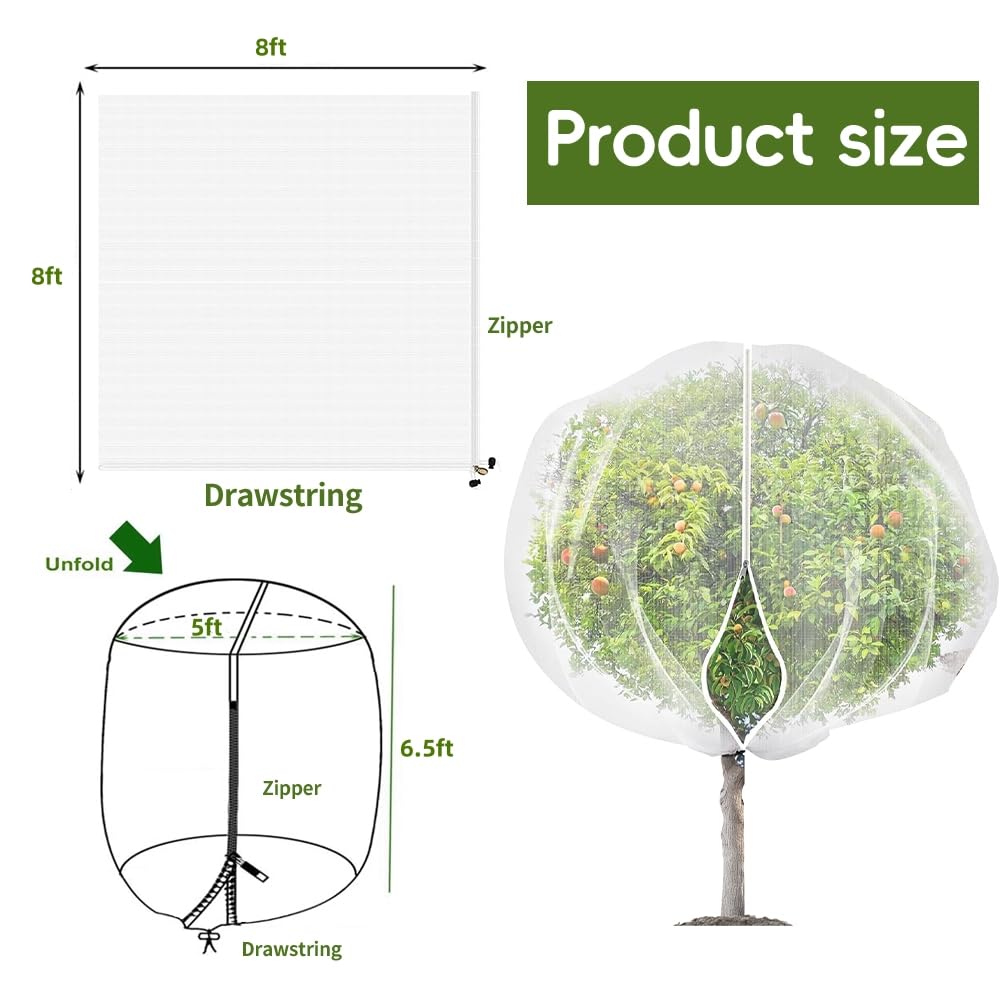 KYRGEU 2Pcs 8x8ft Fruit Tree Covers with Zipper and Drawstring, Durable Garden Mesh Net to Protect Fruit Trees, Apple, Cherry, Peach Trees – Reusable, Lightweight
