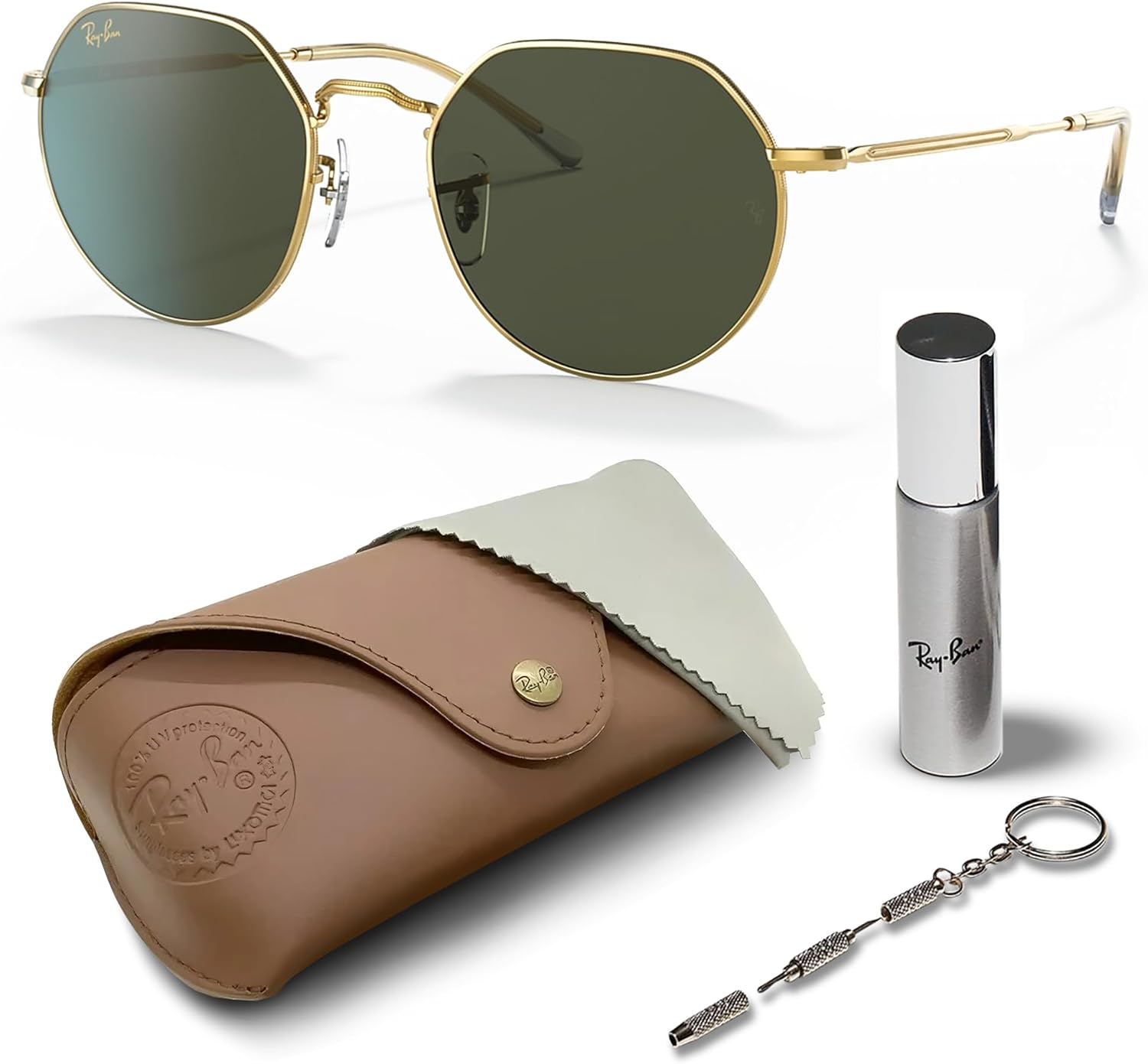 Ray-Ban RB3565 JACK Square-Round Shaped Sunglasses for Men & Women with Official RAYBAN Eyewear Kit Polished Gold Frame | Green Lens 51 Millimeters - Image 1 of 7