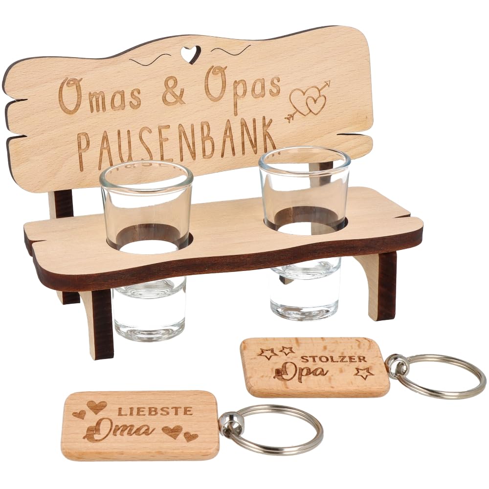 Spruchreif | Geschenkset für Großeltern Pausenbank für Oma und Opa | Schnapsbank und Schlüsselanhänger mit Gravur | Geschenkidee für Großeltern