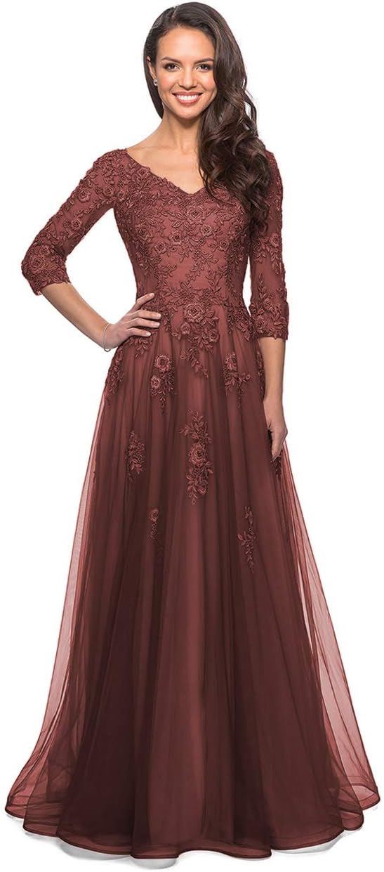 Miao Duo Women's Floral Lace Appliques 3/4 Sleeve Mother of The Bride Dresses Long V Neck Formal Dresses with Pockets YZTS028