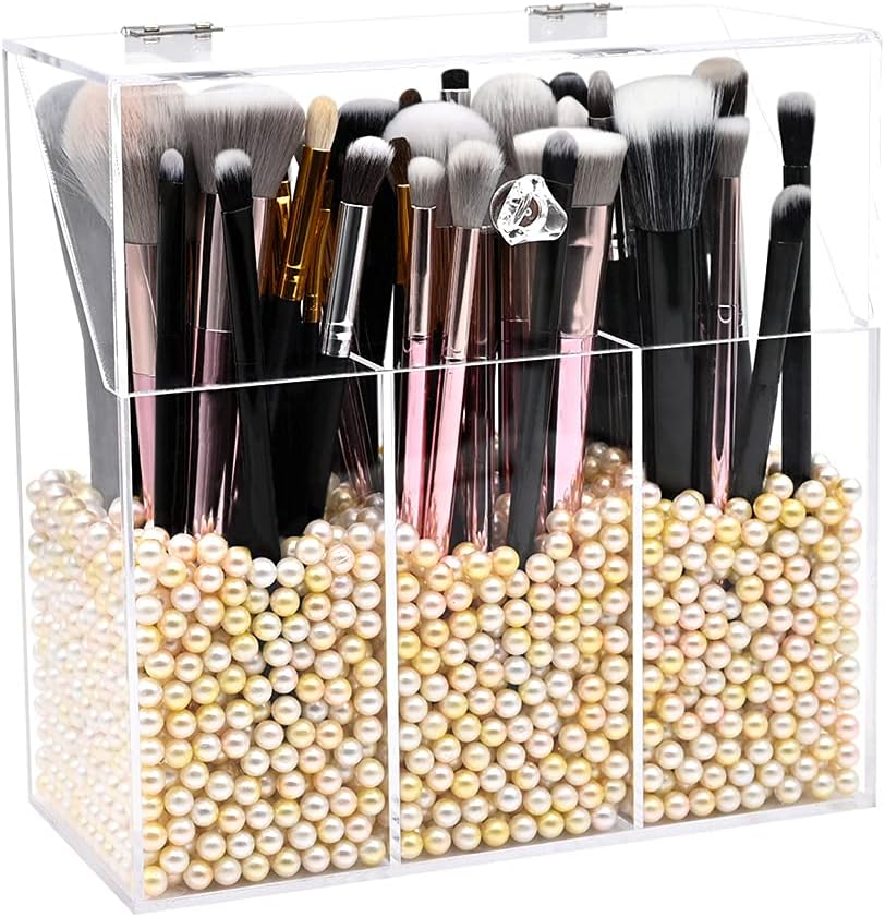 Dolovemk Acrylic Makeup Brush Organizer with Lid 3 Slot Covered Makeup