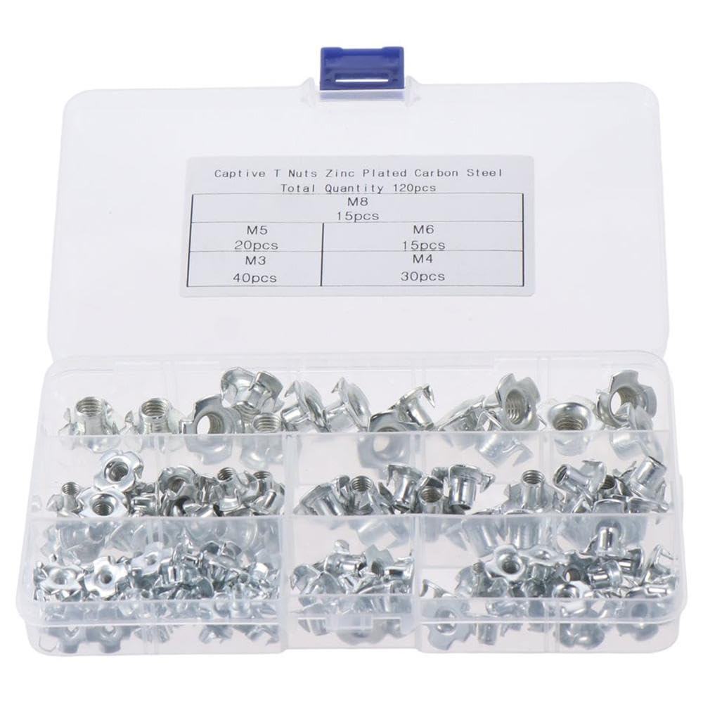 SHUATI 120pcs Carbon Steel T-Nuts, M3 M4 M5 M6 M8 Four Claw Nut Assortment Kit, Insert Nuts Blind Nuts, T-Nuts Assortment Kit for Wood, Rock Climbing Holds, Cabinetry, Furniture