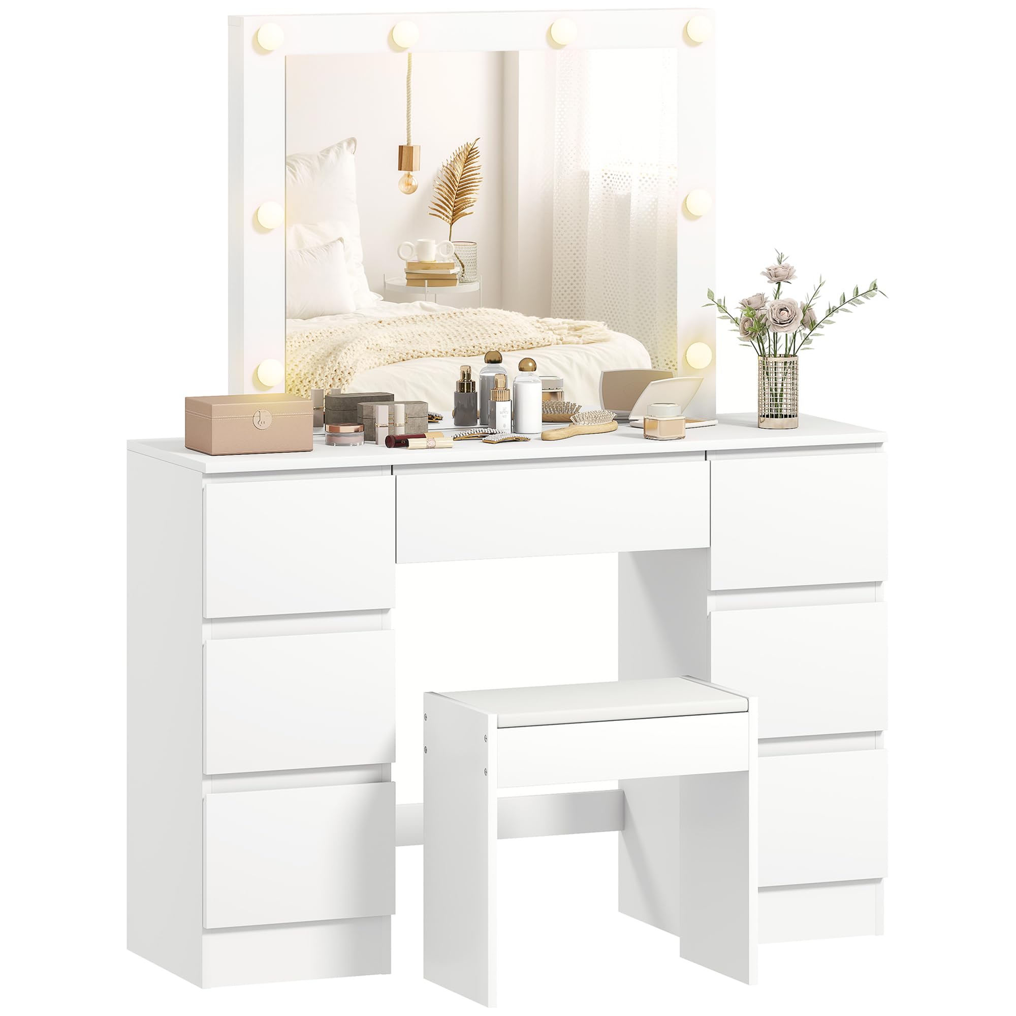 HOMCOM Coiffeuse avec Miroir et Tabouret, Table de Maquillage LED, Blanc