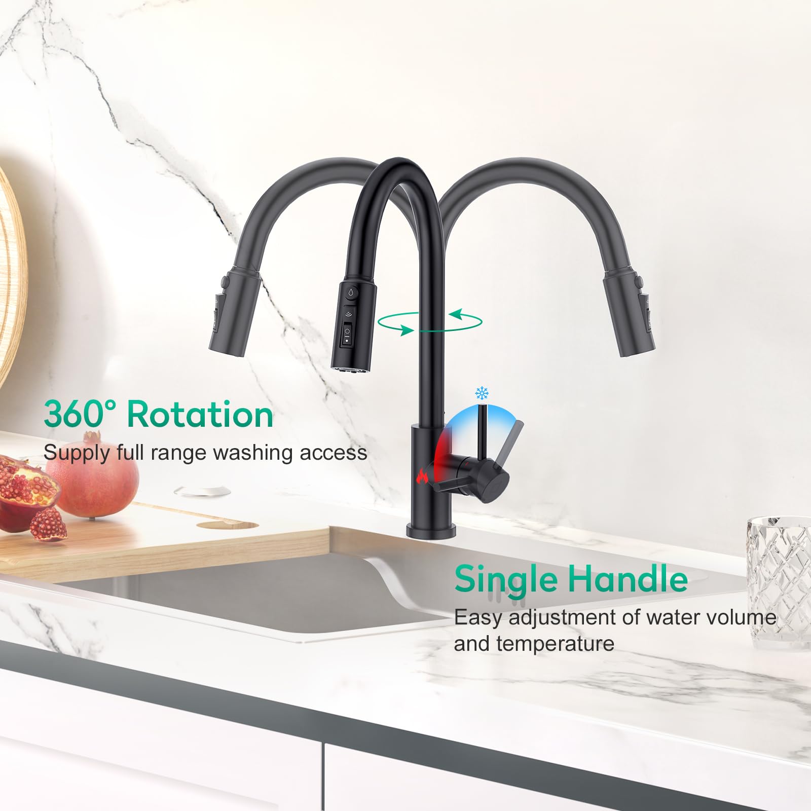 CREA 3 Wege Küchenarmatur mit Brause, Drei Wege Wasserhahn Küche Ausziehbar, 360° Drehbar 3 Wege Mischbatterie, Einhand Trinkwasserhahn, 3 in 1 Spültischarmatur, 3 Wege Armatur aus Edelstahl,Schwarz