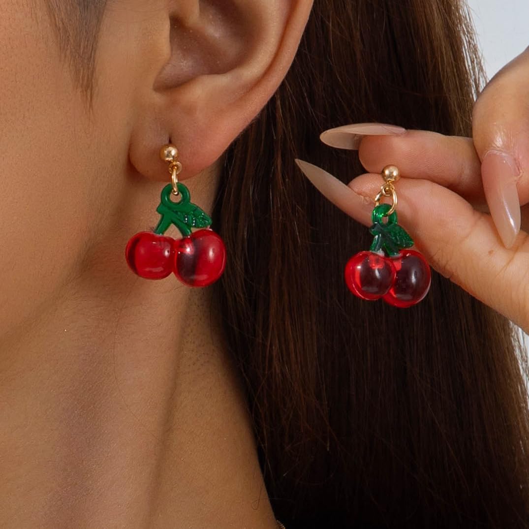 Red Cherry Fruit Pendant Necklace Earrings Jewelry Set Funny Sweet Cherry Stuffs for Women - Image 7