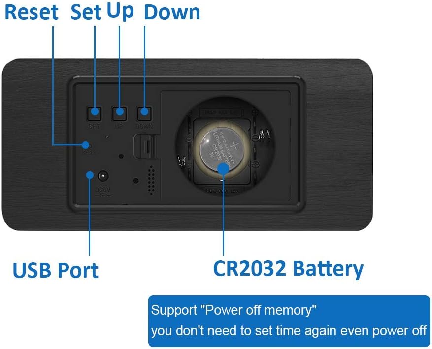 Back view of the clock showing battery compartment and USB port