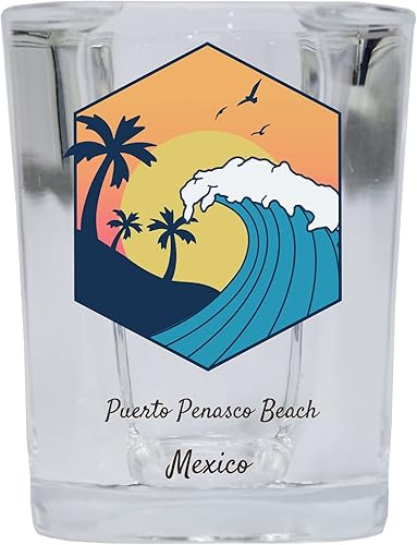 R and R Imports Puerto Peñasco Beach Mexico Souvenir 2 oz Base Cuadrada de Vidrio de Disparo Diseño Onda Individual
