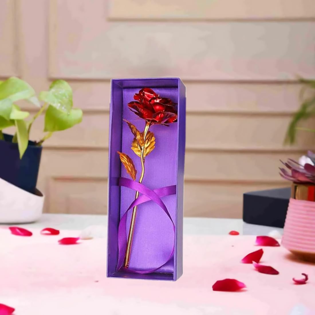 Collectible India Red Gold Rose Artificial Flower with Gift Box - Golden Foil Decoration Artificial Rose Flowers in Gift Box, Best Gift for Mother's Day, Valentine's Day, Thanksgiving