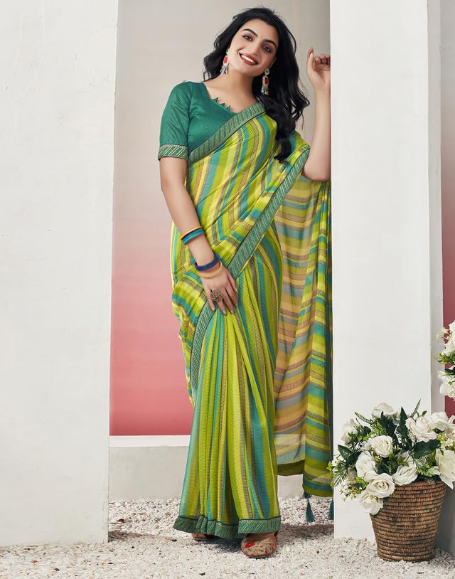 Image of SIRIL Women's Lace & Printed Chiffon Saree with Blouse
