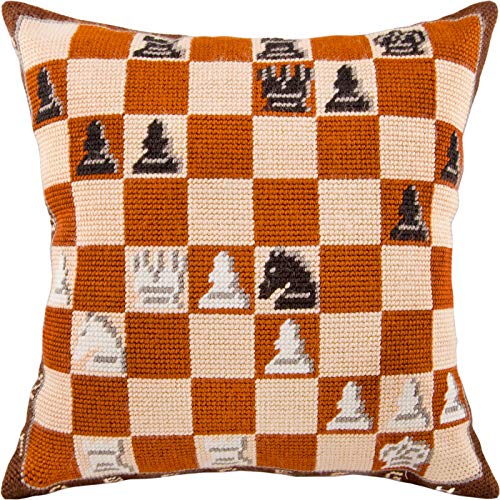 Brvsk Vintage Embroidery Kit for Adults and Beginners — Chess 16??×?16? with Clear, Precise Printed Design on Cotton Canvas; Includes 2 Needles, Yarn, and Easy-Read Chart
