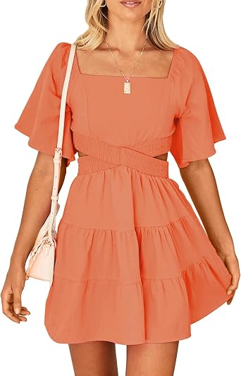Shy Velvet Womens Summer Dress Square Neck Short Sleeves Crossover Waist Casual Party Mini Dress