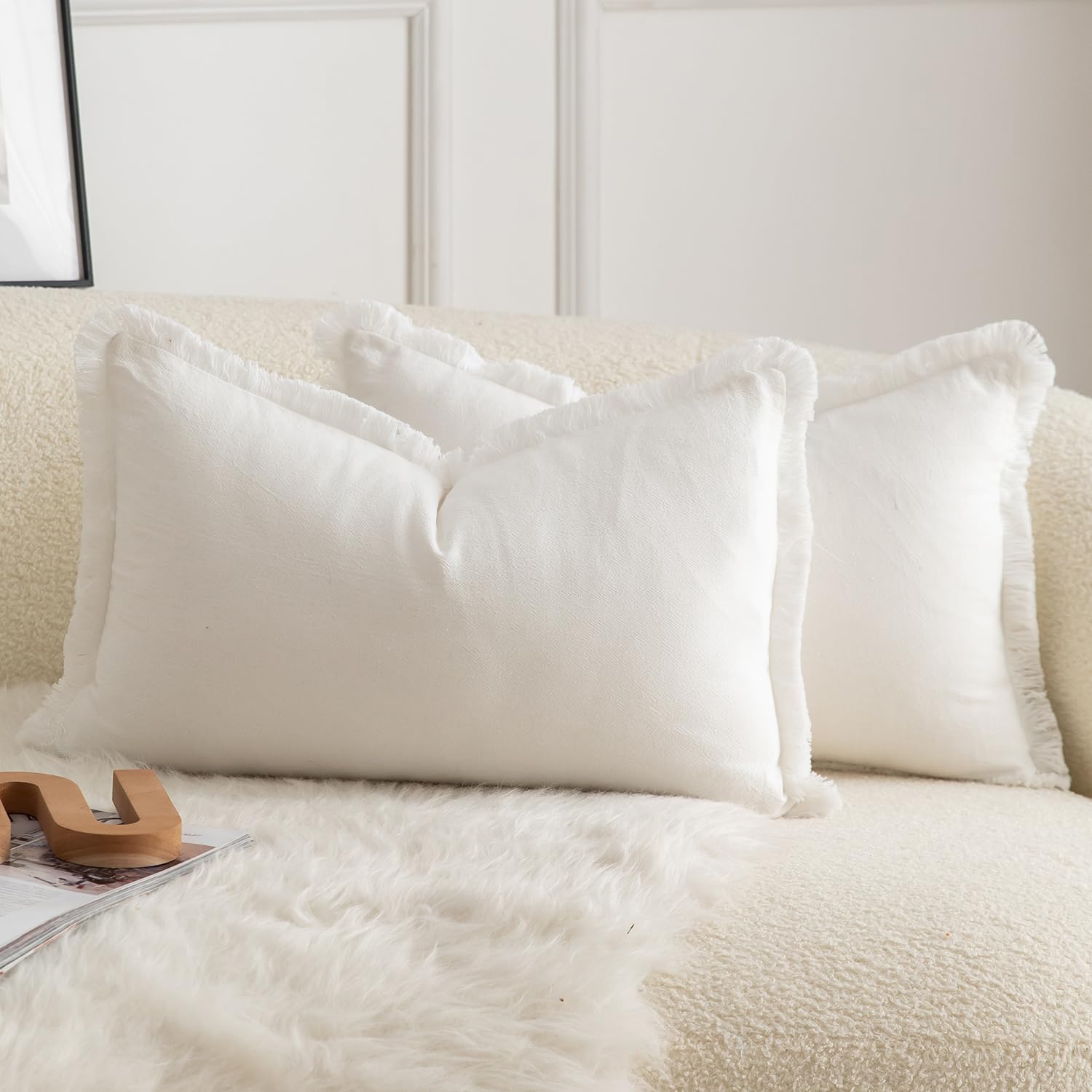 MANDIOO Set of 2 Neutral Cotton Fringe Throw Pillow Covers Decorative Boho Farmhouse Cushion Covers Cozy Tassels Pillowcase for Couch Sofa Bedroom