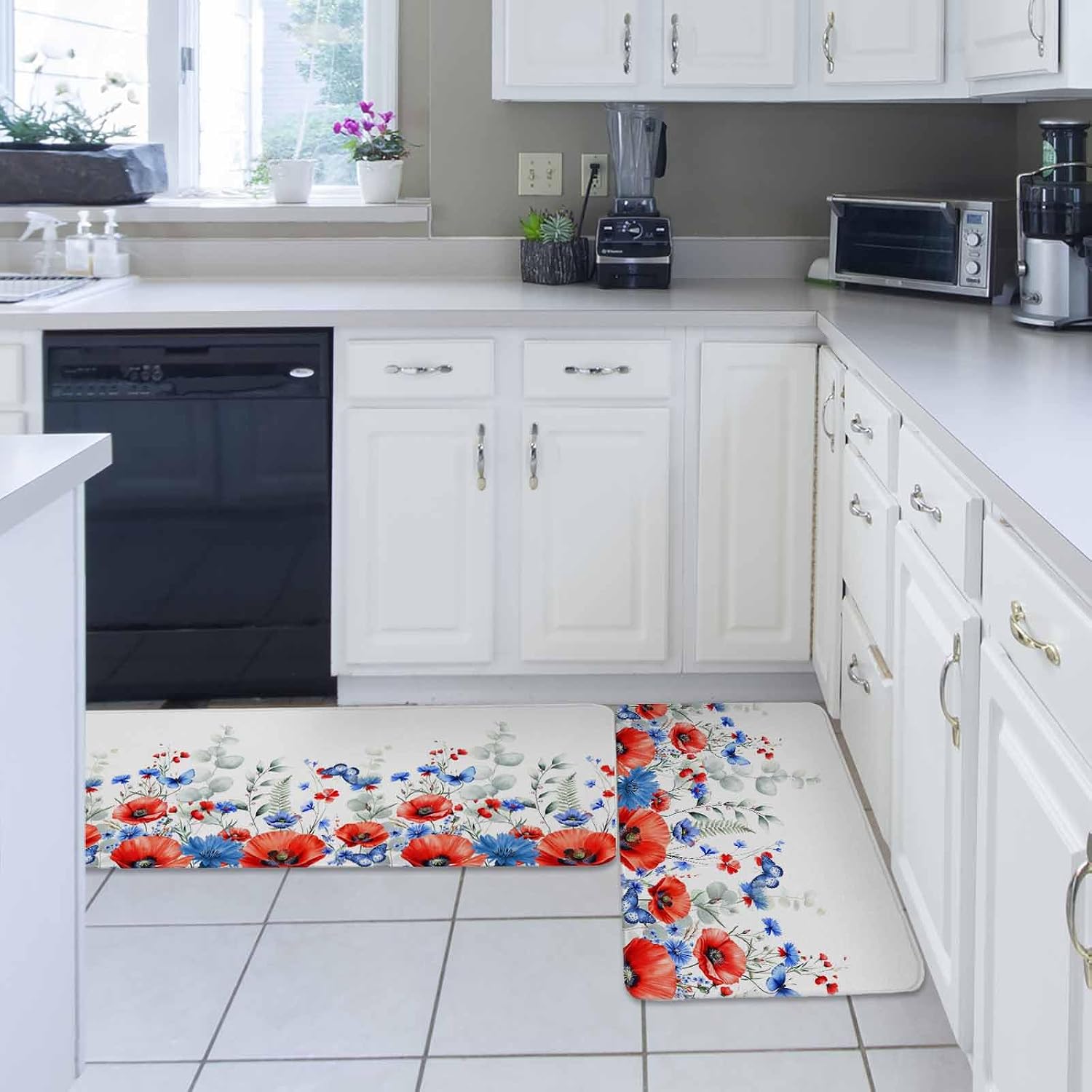 Blue Red Flowers Kitchen Rugs and Mats Set of 2, Non-Slip Kitchen Sink Mat, Elegant Spring Floral Butterfly Watercolor Washable Doormat Bathroom Rugs Runner for Bedroom 19.7"x23.6"+19.7"x47.2"