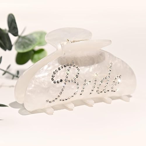 Aileam - Pinza para el cabello de acrílico blanco con clip de plátano, logotipo de novia con diamantes de imitación, decoración de despedida de