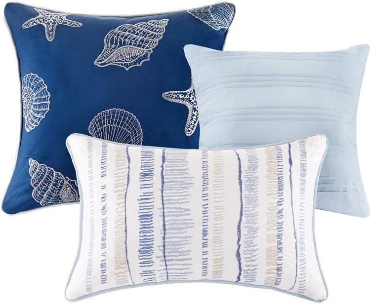 F&W 6 Piece Trendy Blue Tan White King/Cal King Coverlet Set, Striped Themed Bedding Contemporary Nautical Coastal Watercolor Navy Aqua Ocean Seashells Beautiful Seaside Beach Water Nature, Polyester