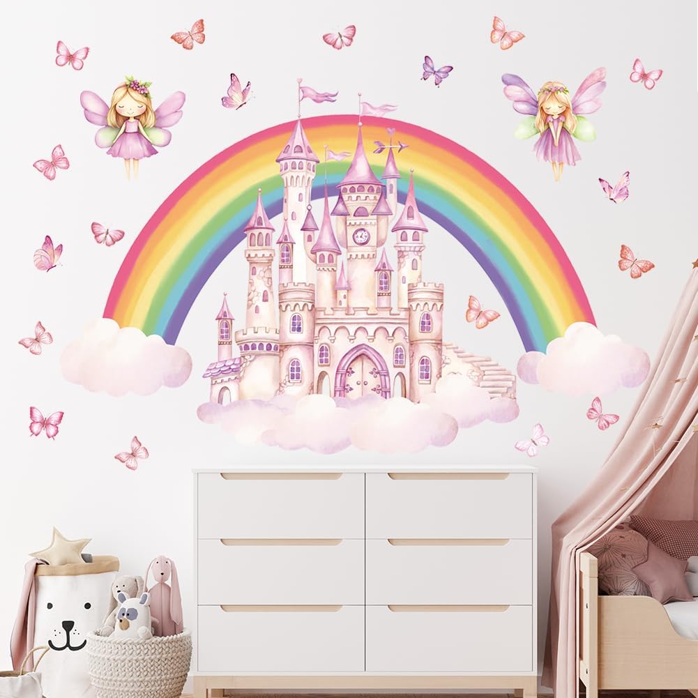 Rainbow Castle Wall Decals Princess Fairy Tale Butterfly Wall Stickers Watercolor Rainbow Cloud Wallpaper Peel and Stick Wall Art Decals for Girls Bedroom Nursery Kids Toddler Decoration