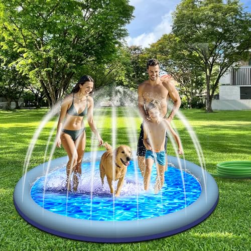 KIMIGO Sprinkler Wasser,Splash Pad für Kinder,Spritzpad für Kinder und Hund,200CM Wasserspielzeug Hund Pool,Verdickte Splash Spielmatte Rutschfestes Wassersprinkler Pad Aufblasbares Wasserspielzeug