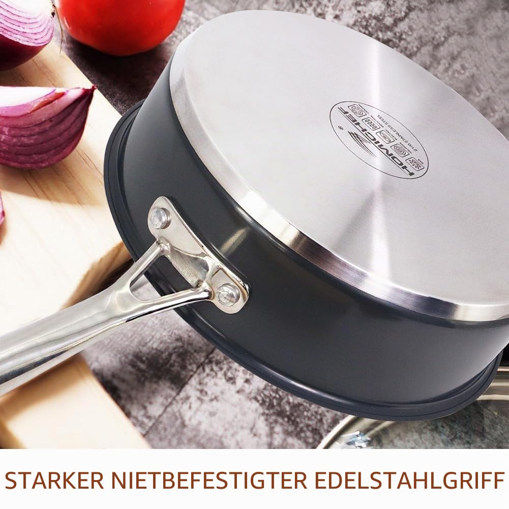HOMICHEF 24 cm marinegraue, nickelfreie Sautierpfanne aus Edelstahl mit Deckel für Induktion – Hochwertige matt polierte Edelstahlpfanne mit Glasdeckel – 2,36 L ungiftiges Kochgeschirr