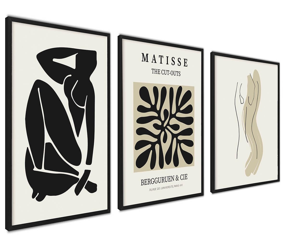 ag.art deco Pictures for Living Room | 40x50 cm Framed Wall Art | Posters with Black Frame | Canvas Wall Art for Hallway and Stairs | Room Decor | Set of 3 Artwork (Black Matisse Set)