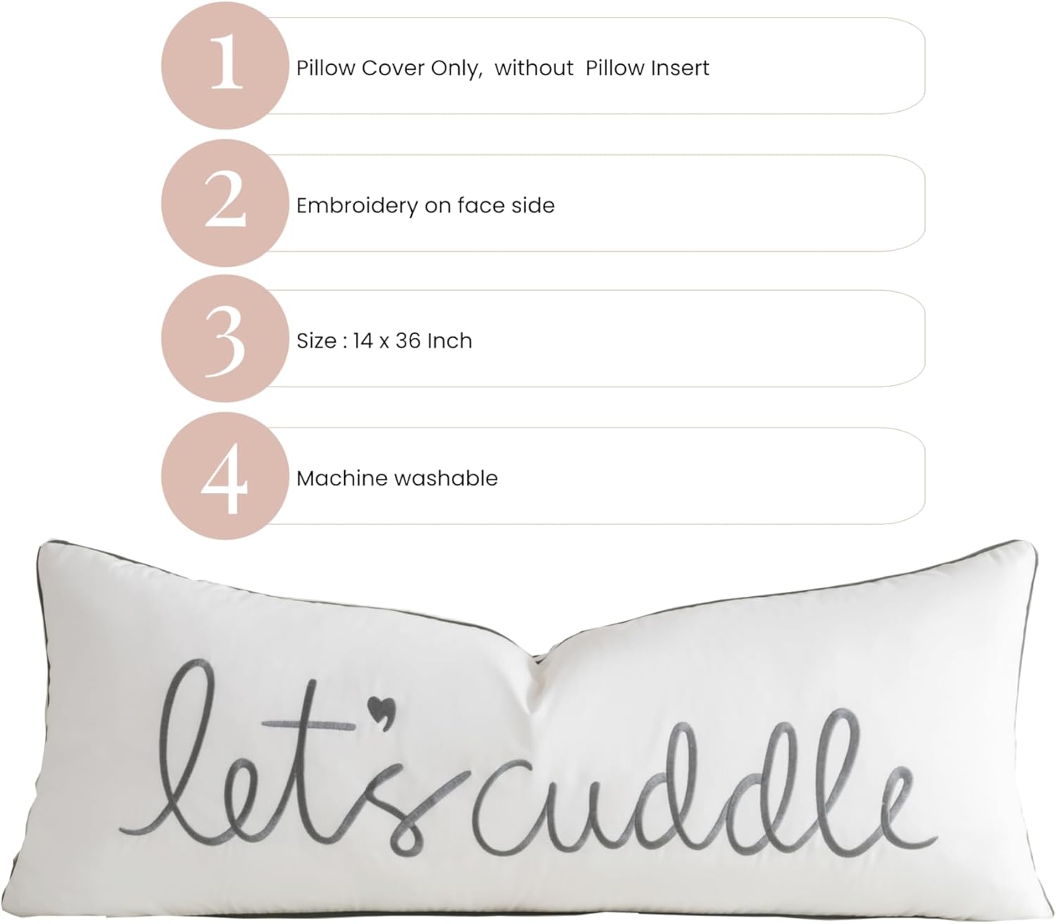 Sanmetex Sunkifover Let's Cuddle Lumbar Pillow Cover - 14x36 Inch Cotton Embroidery Decorative Pillowcase for Bed, Bedroom, Living Room - White and Grey Rectangular Quote Design