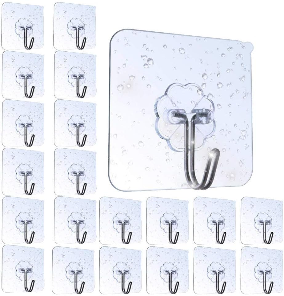 20 Pack Adhesive Wall Hooks, Strong 15 kg Capacity, Transparent, PVC & Stainless Steel, Kitchen, Bathroom, Bedroom, Office