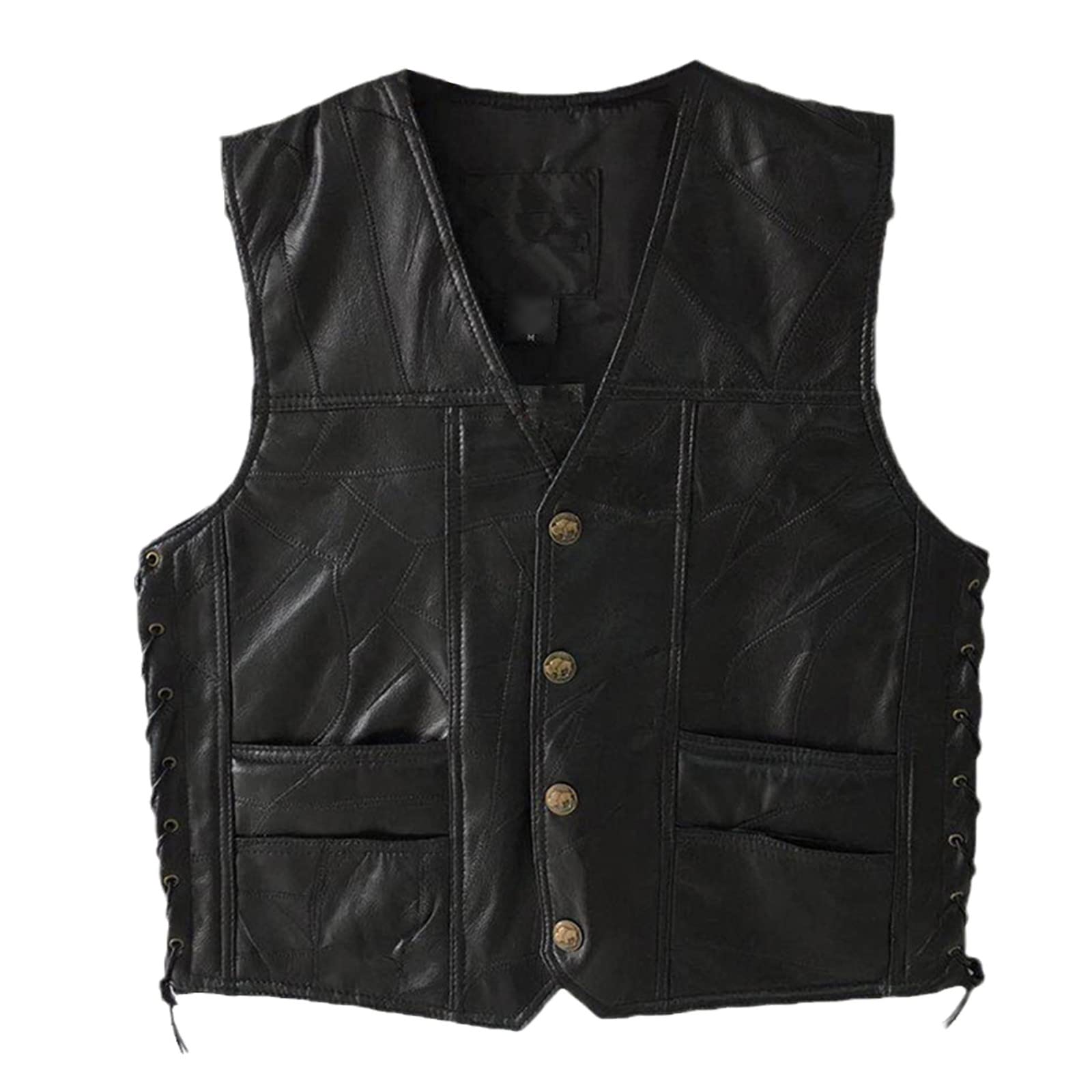 Mens Lacci Laterali Regolabile In Pelle Nera Moto Gilet Biker Gilet Morbida Pelle Di pecora