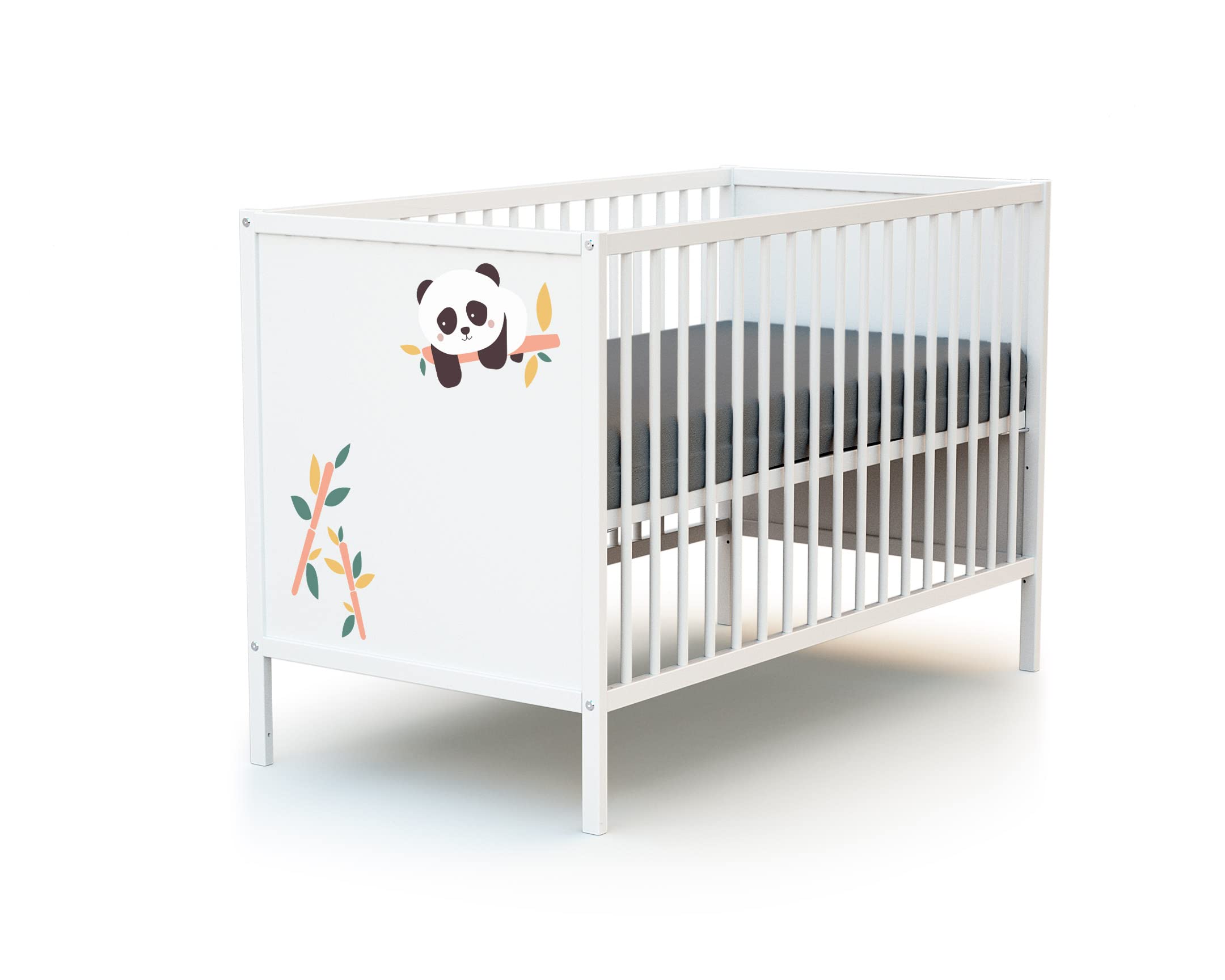 WEBABY - Łóżeczko panelowe 60x120 Panda Biała ALBA | 124 x 64,5 x 82 cm | Łóżko drewniane 100% lity buk | Regulowana podstawa łóżka na 3 wysokościach