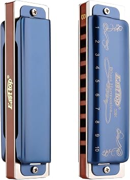 Professional Harmonica Blues Key of B 10 Hole 20 Tone Heavy Duty with Case & Cleaning Cloth for Professional Player, Beginner, by Eison-East Top,Blue,Best Gift