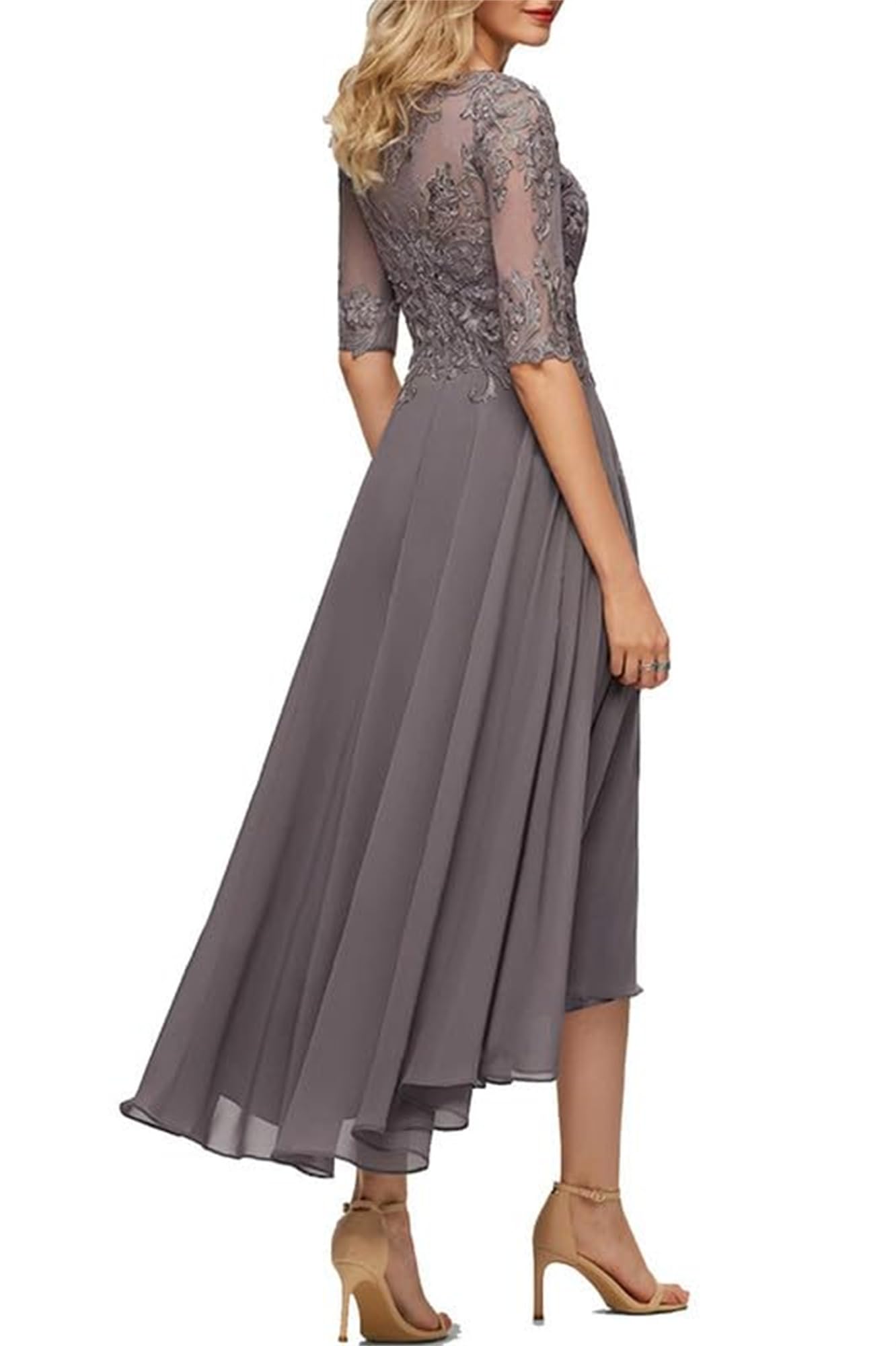Tee Länge Brautmutterkleider Spitze Kleider für die Mutter der Braut Damen Elegant Chiffon A-Linie Abendkleid mit 1/2 Ärmel