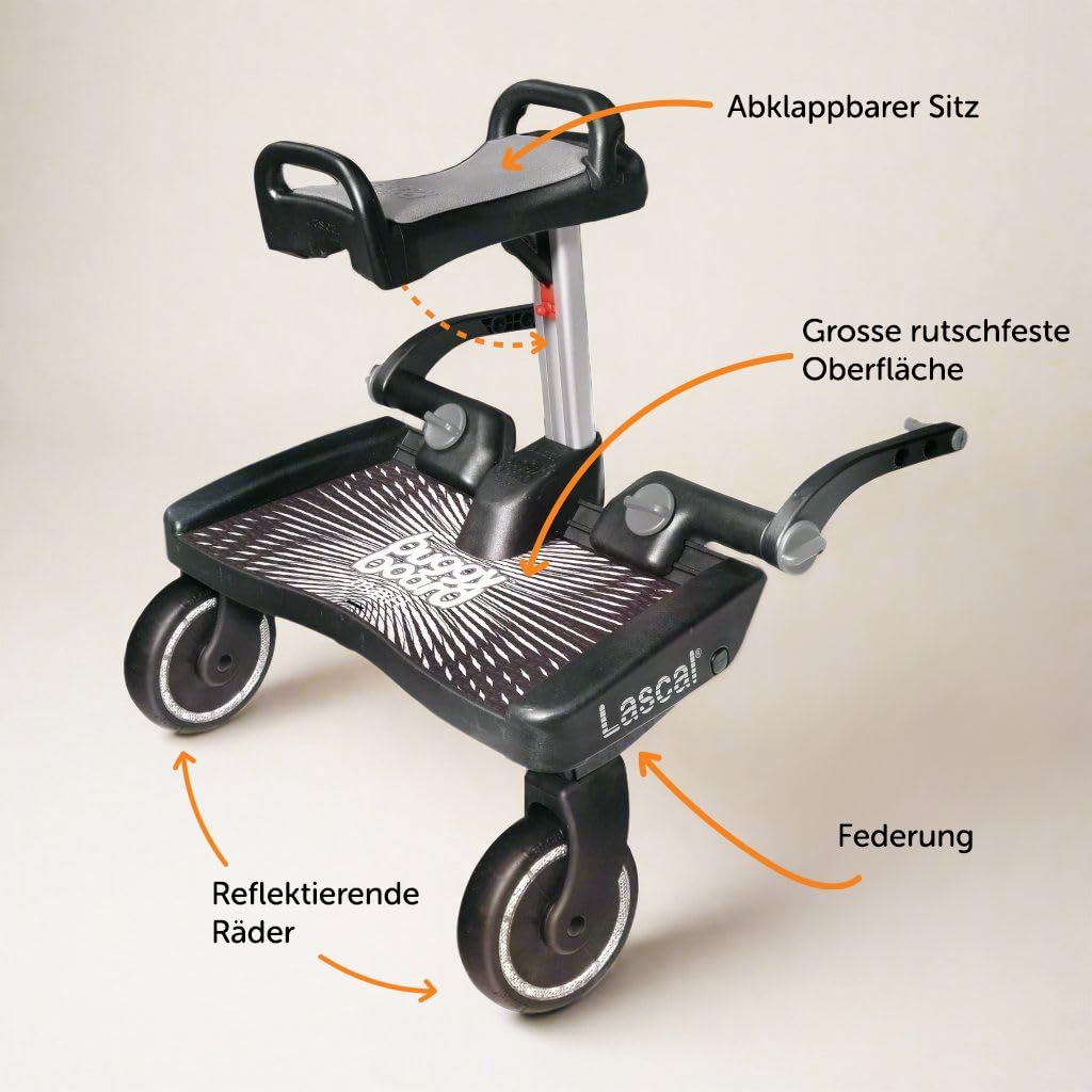 Lascal BuggyBoard Maxi+, Kinderbuggy Trittbrett mit großer Stehfläche und Saddle, Kinderwagen Zubehör für Kinder von 2-6 Jahren (22 kg), kompatibel mit fast jedem Buggy, schwarz mit rotem Sattel
