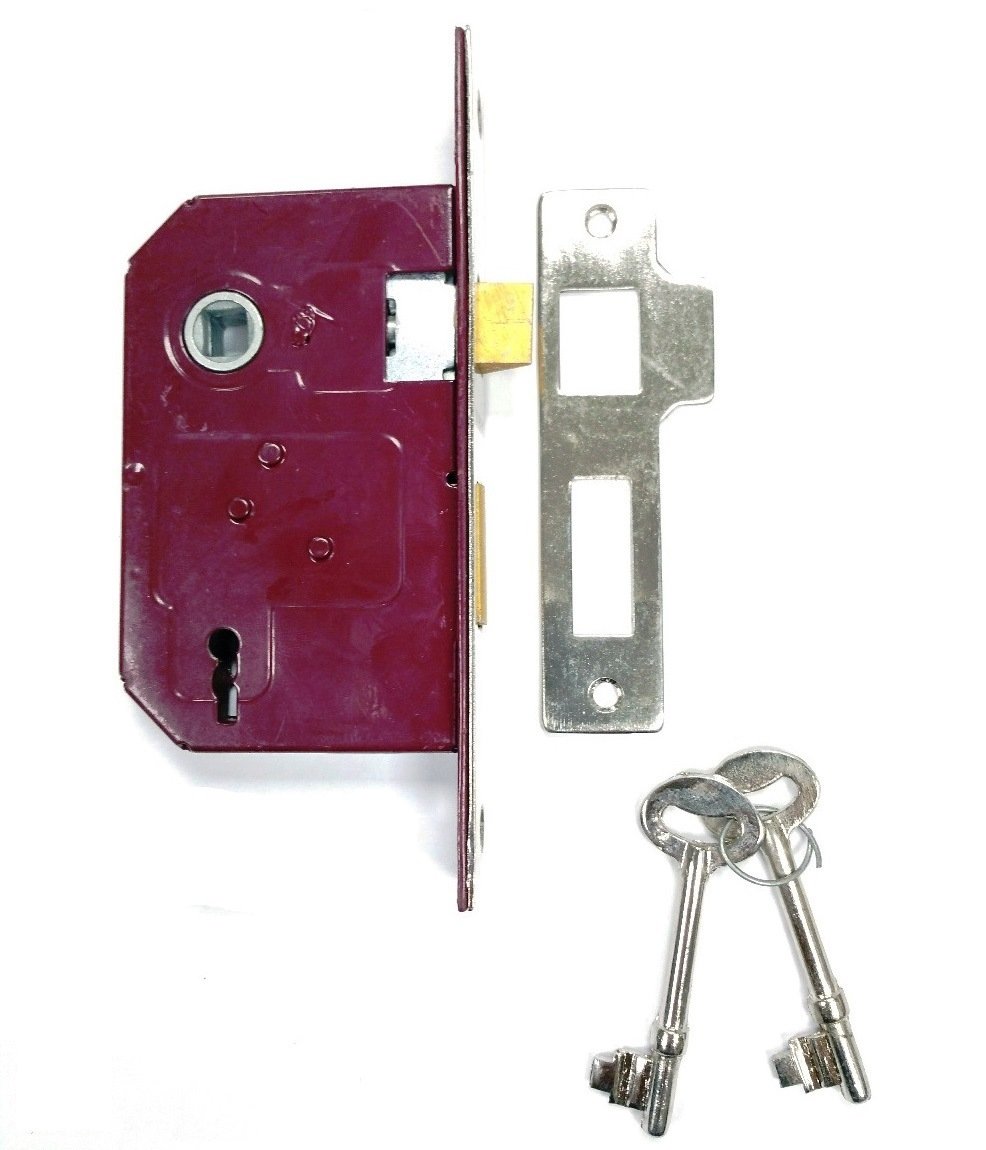 Merriway BH06052 Sashlock 3-Lever CP Plate Red Budget 63mm (2.1/2 Inch), Silver
