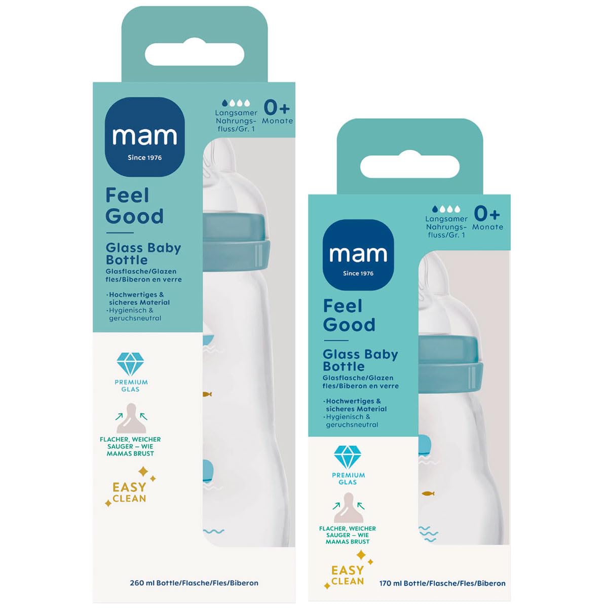 MAM Biberon in vetro, set da 2, Feel Good dalla nascita, 170 ml e 260 ml, biberon in vetro, blu
