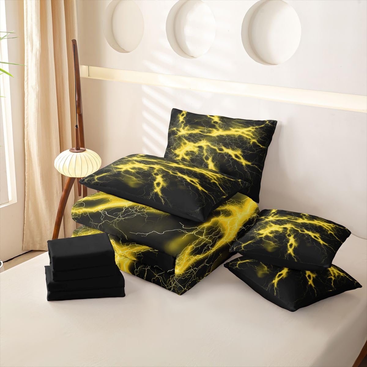 Loussiesd Set di biancheria da letto con copripiumino giallo e nero, per letto singolo, 7 pezzi, per bambini, ragazzi e ragazze, giallo e nero, con copripiumino, lenzuola, federe, federe