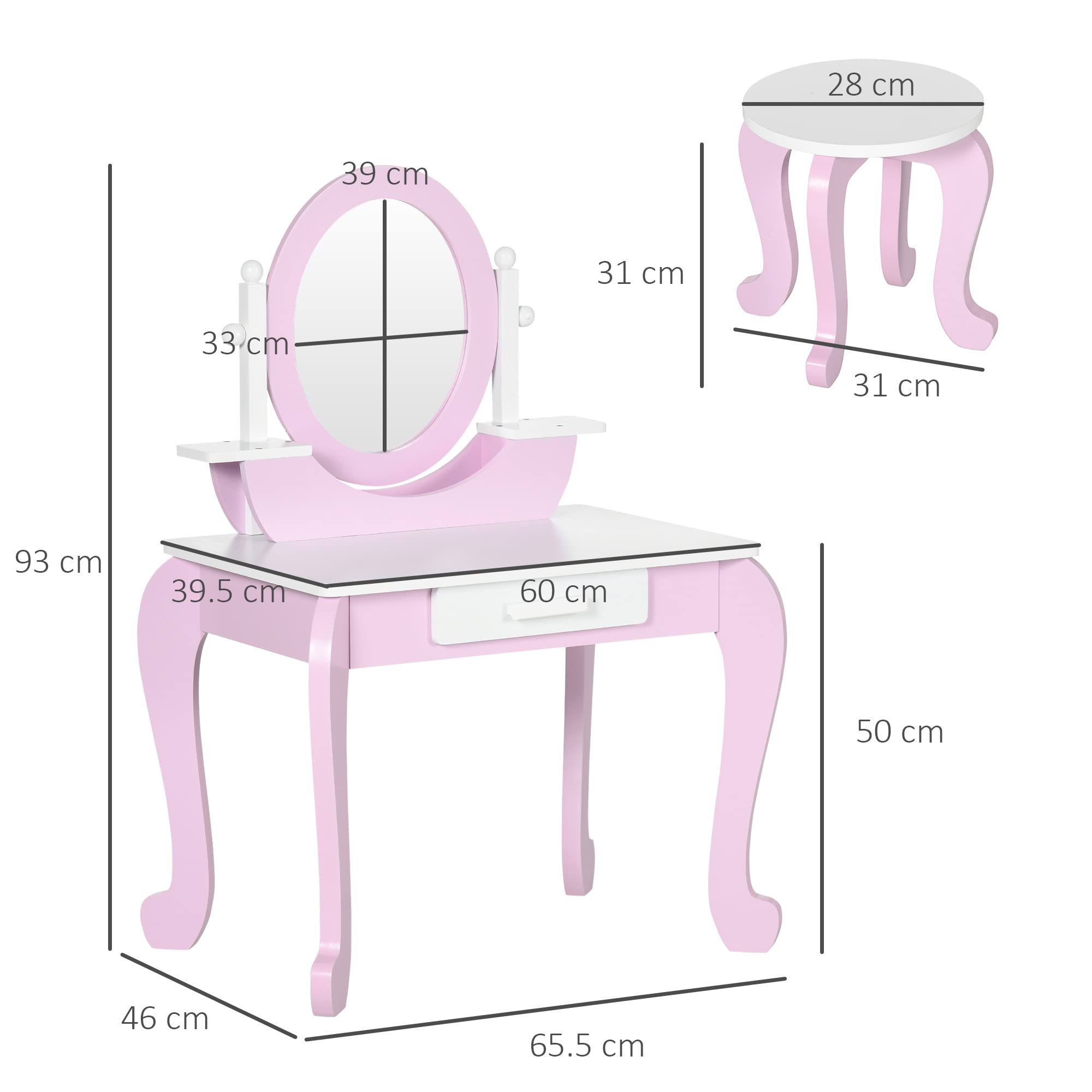 ZONEKIZ Set Toeletta Trucco per Bambini, Tavolino da Trucco con Specchi e Sgabello per Bambini, Età 3-6 Anni, Rosa