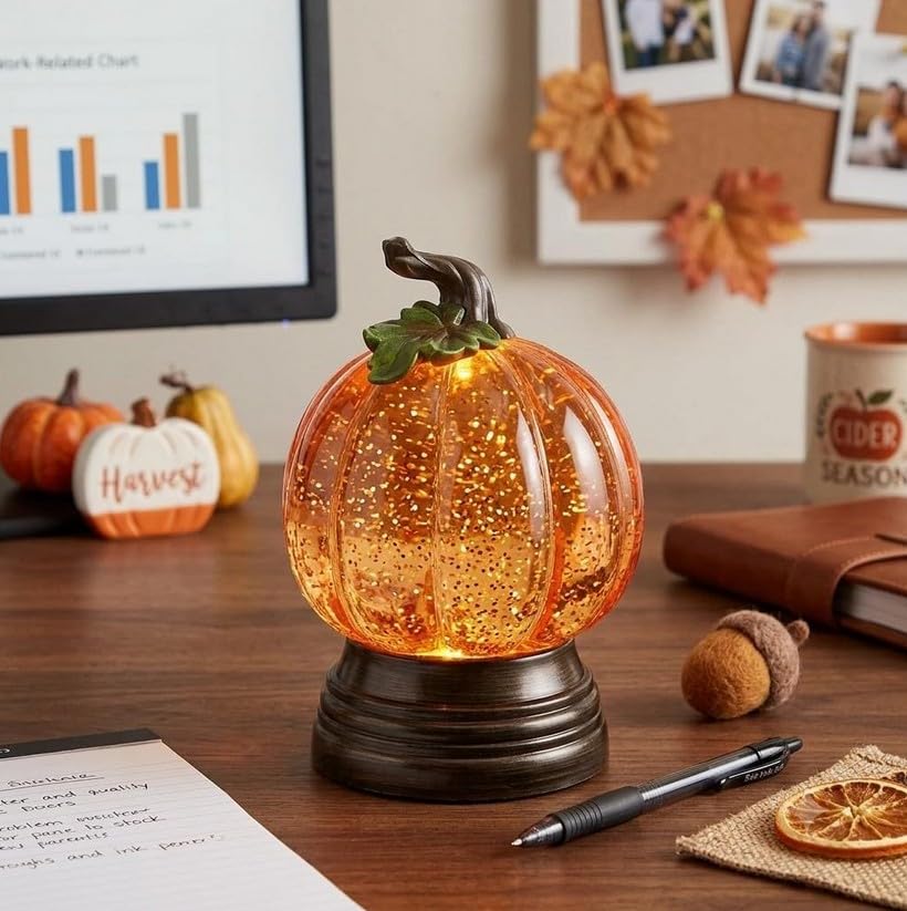 Light Up Pumpkin Snow Globe Lighted Autumn Thanksgiving Table Centerpiece Decor Battery Operated Moving Glitter LED Fall Pumpkin Lantern for Desk Mantel and Harvest Home Accents 6.25 H