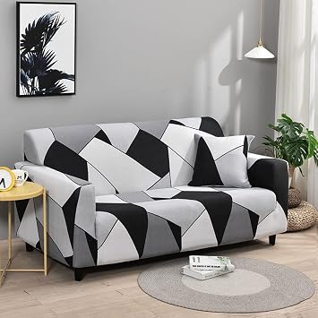 High Stretch Elastic Fabric 1 2 3 Seater Sofa Cover (2 Seater,Black White)