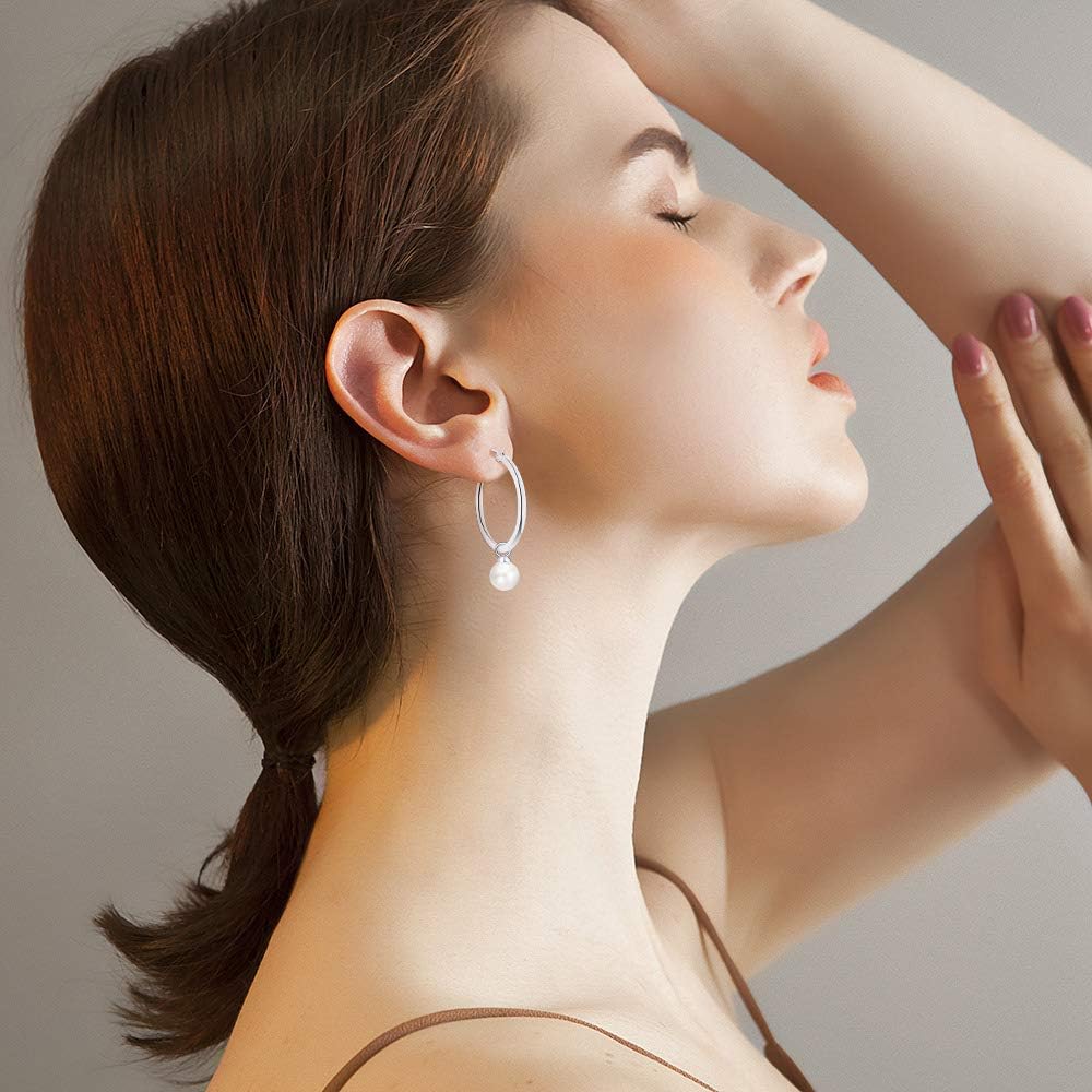 JO WISDOM 925 Sterling Silver Hoop Earrings with Simulated Danlge Pearl(white/Black)