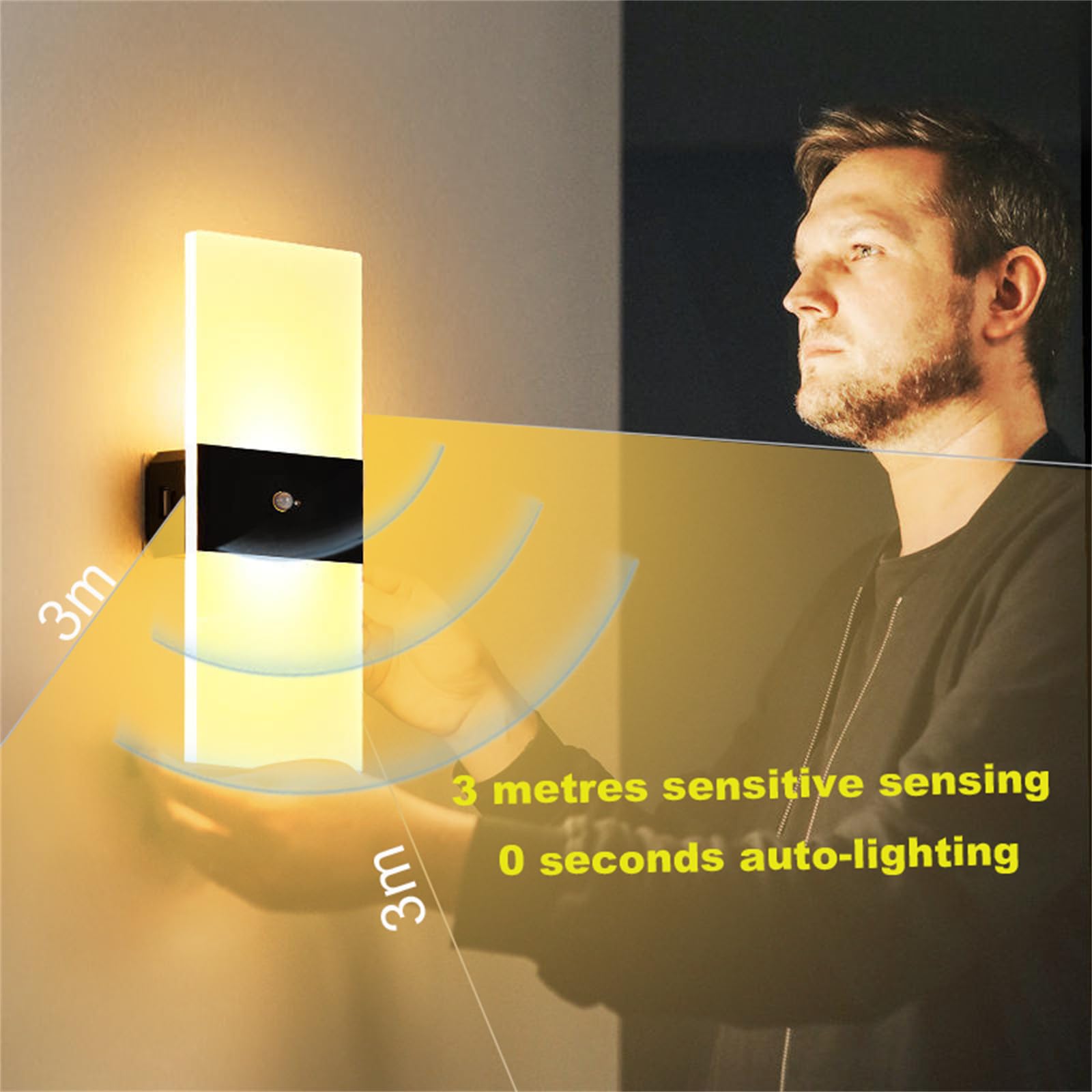 Applique da Parete a Batteria LED con sensore di Movimento Applique da Parete Senza Fili USB con interruttori Apparecchi per corridoio Comodino Ingresso (Bianco, Luce Bianca)