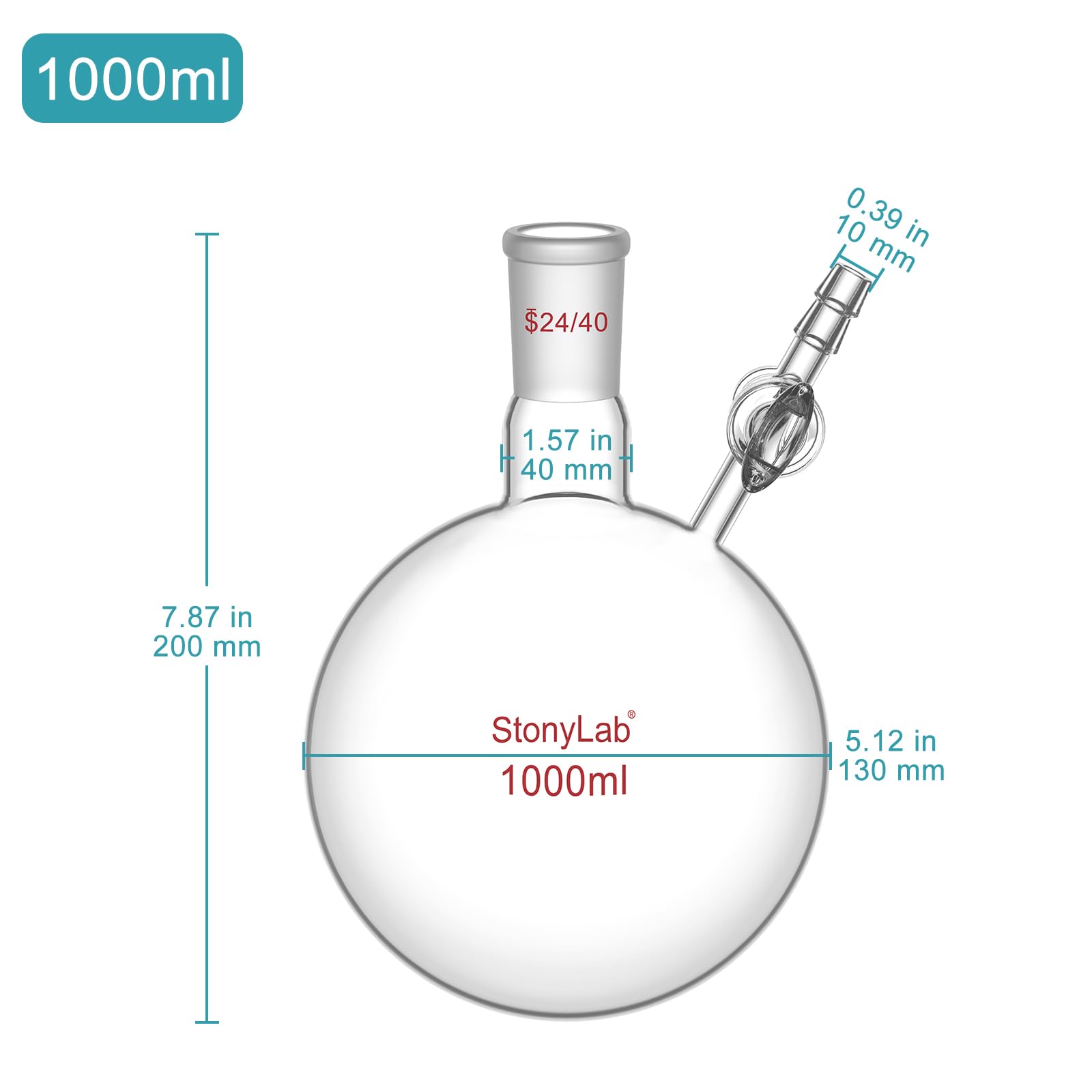 stonylab Matraz de Reacción con Llave de Paso de Vidrio, Conexión 24/40, Matraz de Fondo Redondo de Vidrio Borosilicato de Cuello Único, para Experimentos y Aplicaciones en Laboratorio, 1000 ml