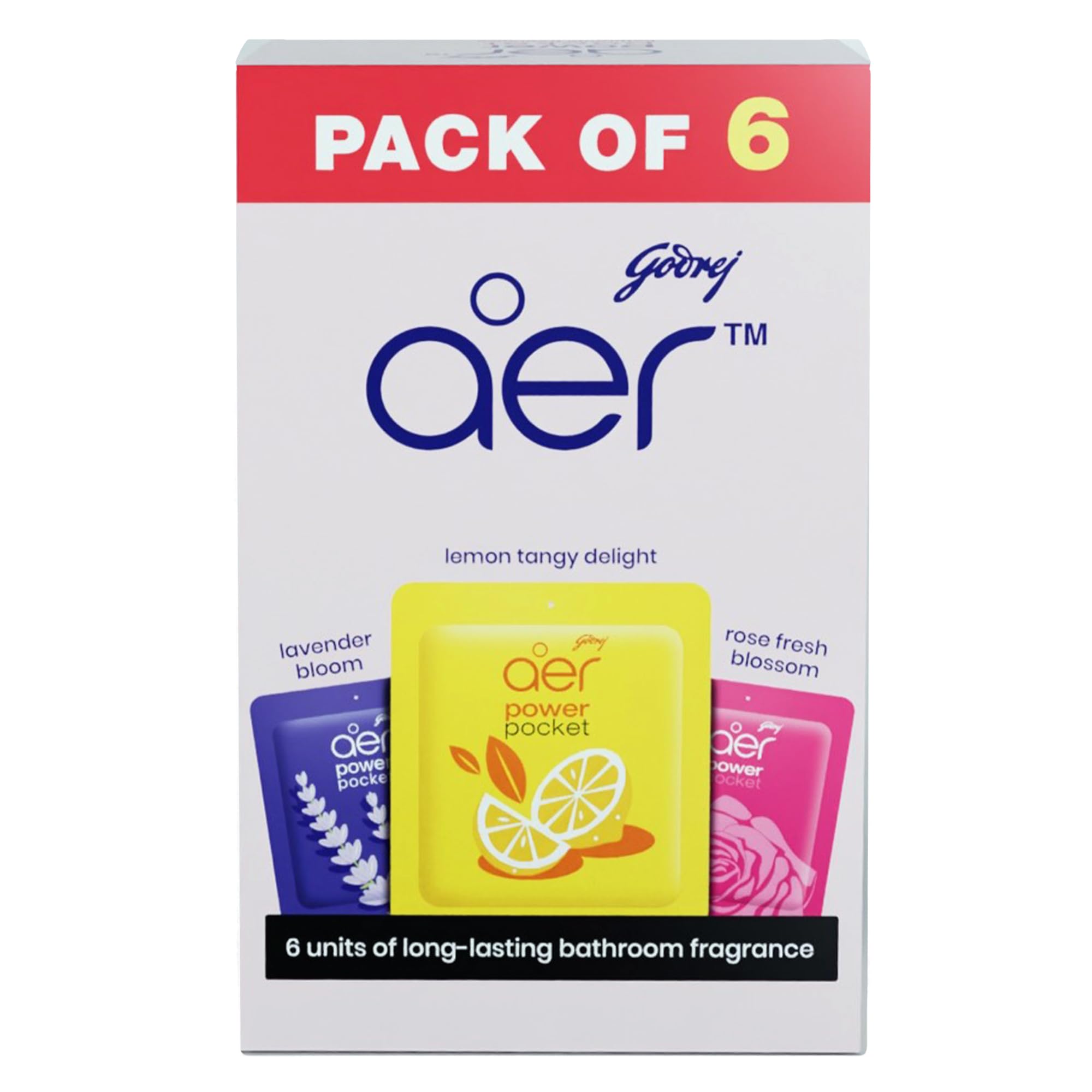 Godrej aer Power Pocket | Bathroom freshener – Assorted Pack of 6 | Lasts up to 30 days | Toilet freshener, 60g