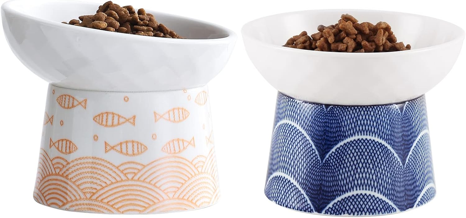Ceramic Raised Cat Bowls, Elevated Tilted Cat Food and
